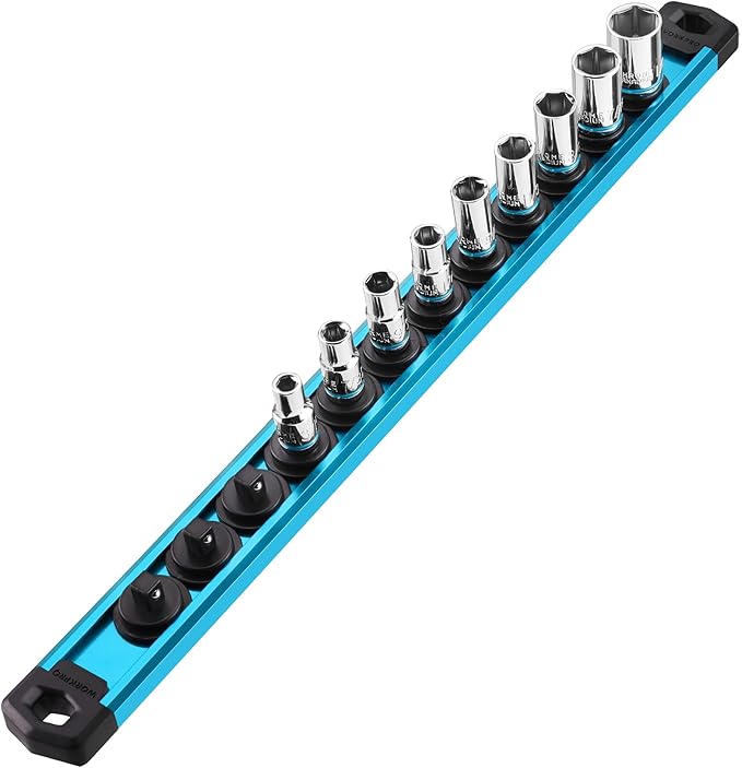 WORKPRO Magnetic Socket Organizer, 1/4-Inch Drive Aluminum Alloy Socket Rail, Heavy Duty Socket Holder, Socket Rack Kit 1/4-Inch x 12 Clips Sky Blue (Socket not Included)