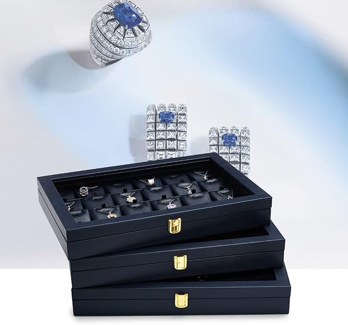 Oirlv Premium Blue Leather 24 Grid Jewelry Tray with Transparent Lid Earrings Rings Organizer Box Stackable Jewelry Box Drawer Inserts Women Gift