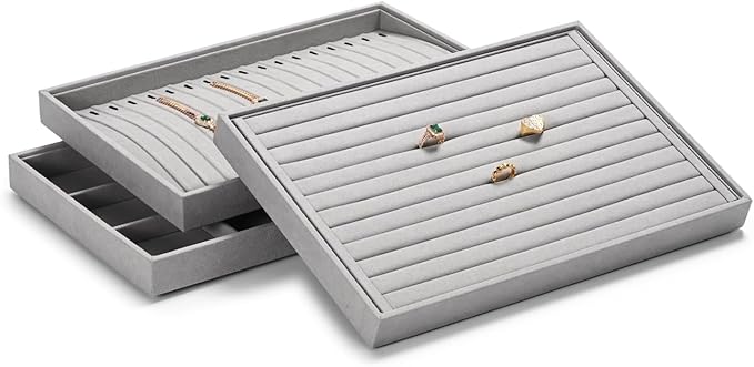 Jewelry Display Tray - Gray Microfiber Ring & Earring Organizer (13.8 x 9.4 Inches) - for Home or Store Use