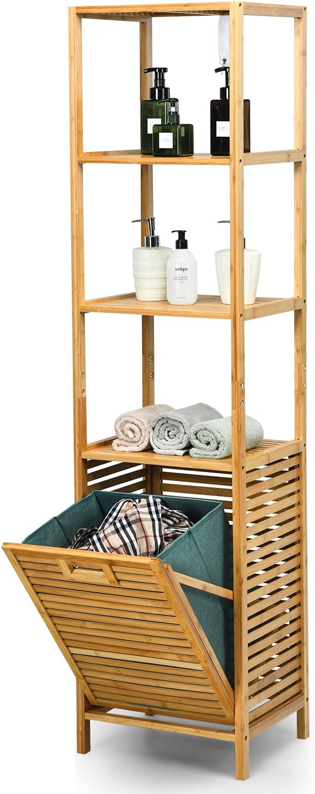 Giantex 63'' Tilt Out Laundry Hamper and 4-Tier Storage Shelves, Removable Clothes Basket with Easy Carry, Bamboo Tower Hamper Organizer, Great for Bathroom, Bedroom, Laundry Room, Closet, Nursery