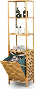 Giantex 63'' Tilt Out Laundry Hamper and 4-Tier Storage Shelves, Removable Clothes Basket with Easy Carry, Bamboo Tower Hamper Organizer, Great for Bathroom, Bedroom, Laundry Room, Closet, Nursery