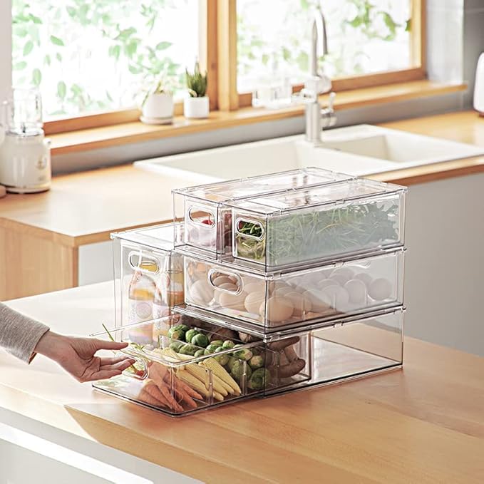 Abiudeng 2 Pack Stackable Refrigerator Organizer Bins with Pull-out Drawer, Drawable Clear Fridge Drawer Organizer with Handle, Plastic Kitchen Pantry Storage Containers