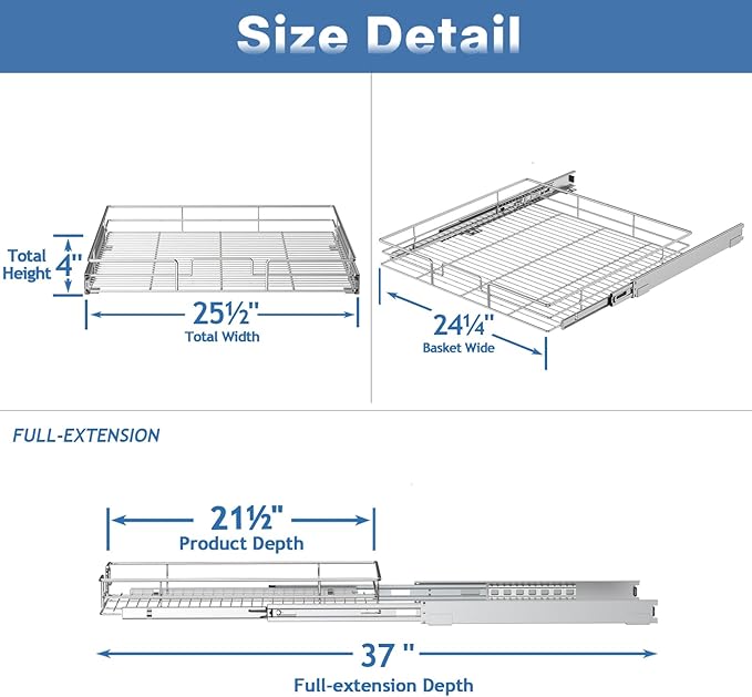 Pull Out Cabinet Organizer 25½" W x 21½" D, Heavy Duty Cabinet Pull Out Shelves, Slide Out Drawers Organization for Kitchen Cabinets Bathroom