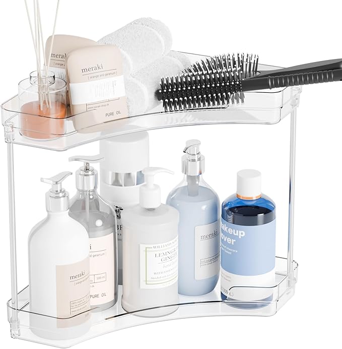 Yieac Clear Bathroom Counter Corner Shelf for Restroom and Vanity,2 Tier Bathroom Counter Organizer and Corner Sink Organizer,Two Tier Small Bathroom Sink Organizers & Stand for Makeup,Beauty Product