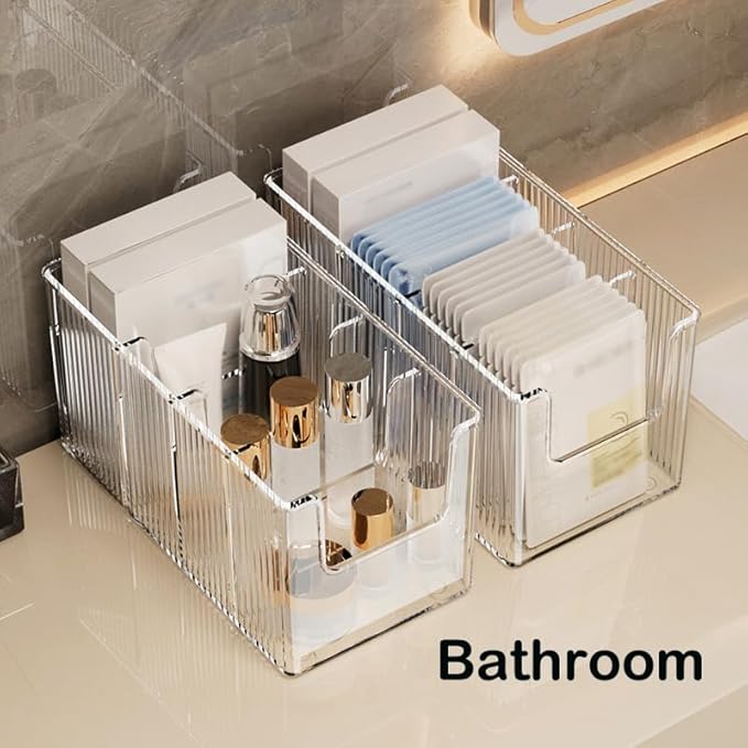 2 Pack Extra Thick Acrylic Makeup Organizer with Removable Dividers - Waterproof Bathroom Storage for Sheet Masks/Essences/Cosmetics, Clear Visible Design, Space-Saving Vanity Organizer