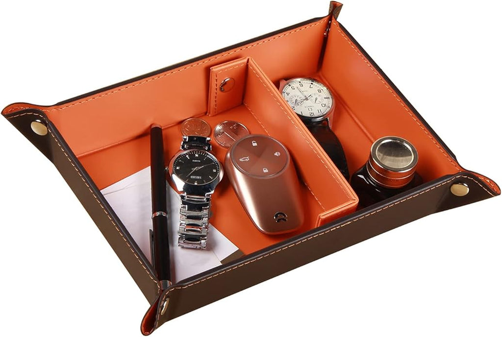 YAPISHI Key Dish Bowl for Men, Entryway Catchall Holder Bedside Table Valet Tray for Pocket Stuff, PU Leather Nightstand Organizer for Dice/Coins/Wallet/Watch/Rings/Sunglasses, Dresser/Coffee Table