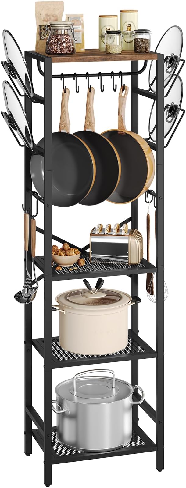 4-Tier Pot Rack, Pots and Pans Organizerand for Kitchen, Lid Organizer Rack with U-Shaped Lid Holders, Kitchen Storage Shelf for Standing Cookware, Rustic Brown and Black POHR3001