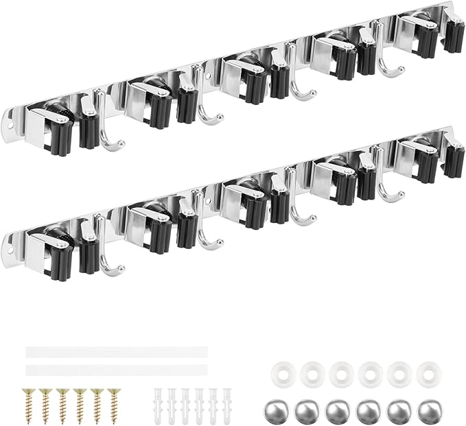 2 Pack Broom Holder Wall Mount 5 Racks 4 Hooks Stainless Steel Broom Mop Holder Anti Slip Storage Rack Strong Load Bearing Waterproof Broom and Mop Organizer Wall Hanging for Bathroom Kitchen Garage