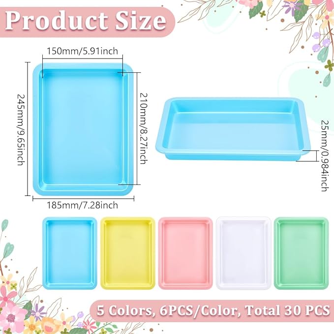 30Pcs Plastic Art Trays, 9.6 x 7.3 Inches Activity Craft Sand Trays Flat Storage Organizer Bins Stackable Bins for DIY Projects Painting Beads Organizing Supply, 5 Color