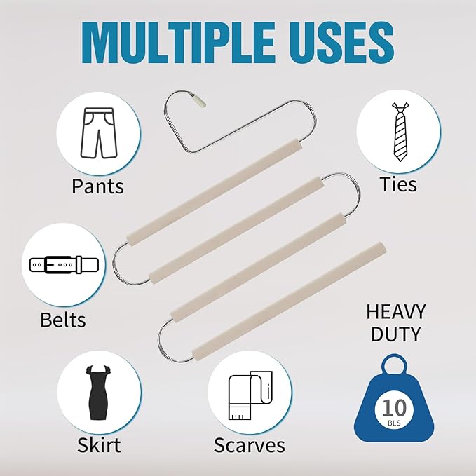 Multiple Space Saving Non Slip Foam Padded Pants Hangers 4 Tier Steel Open Ended No Creases Tiered Beige 3 Pack