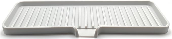 Happitasa Silicone Soap Dish Tray and Sponge Holder with Drain Chute | Bathroom and Kitchen Sink Organizer Caddy (Light Grey, 12"x4", 7.4 Ounces)