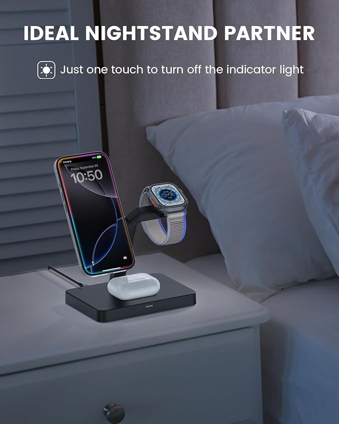 3-in-1 Magnetic Charging Station for Apple: CIYOYO Wireless Fast Charger Stand for iPhone 16/15/14/13, Apple Watch/AirPods Portable Charging Pad for Office Bedside Gift