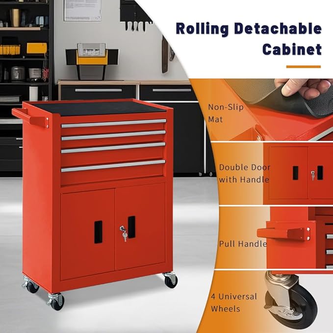 13-Drawer Rolling Tool Chest with Double Doors, 2 in 1 Detachable Rolling Tool Chest with Drawers, Metal Large Lockable Tool Box，Mobile Tool Cabinet Combo for Garage Workshop (Red)