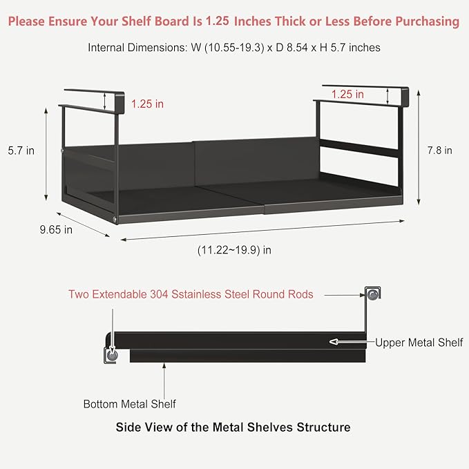 Expandable Under Cabinet Shelf Organizer with 1.25 Inches Thick Clips, Heavy Duty Extendable Under Shelf Storage Basket for Pantry or Laundry Room, Black, 1 Pack, Interior: 5.7" H x 8.54" D