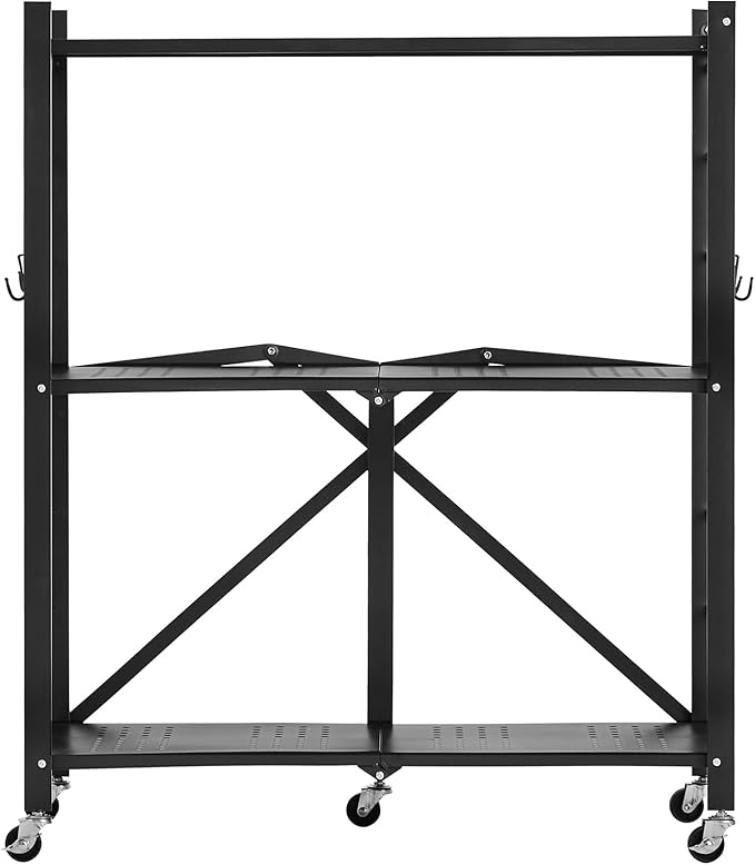 VEVOR 3-Tier Foldable Storage Shelf, 30W x 13D x 36H Inch Folding Metal Rack Shelving Unit, No Assembly Organizer Shelf with 5 Wheels & 4 Hooks for Pantry, Kitchen, Garage, Basement, Black