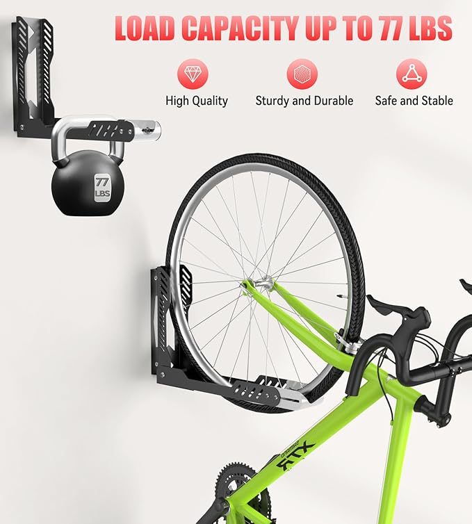 Swivel Bike Wall Mount, Space Saving Bike Rack Garage, No Heavy Lifting Required Bicycle Wall Mount, Vertical Wall Bike Hanger Can Holds up to 77 lbs, Black