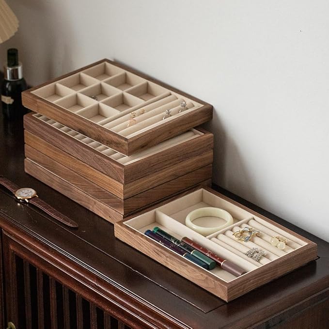 9 Grid +3 Line Black Walnut Wooden Jewelry Tray Organizer with Velvet Lining - Premium Jewelry Storage for Rings, Earrings, Brooches, LuxuryJewelry Drawer Organizer & Display Tray