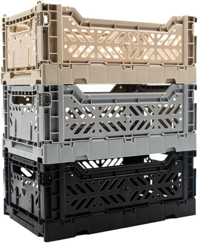 Collapsible Storage Box, Foldable Crate Organizer Bin with Handle, Stackable Crates for Home Organization (Black-Sand-Gray, 4L - 3-Pack)