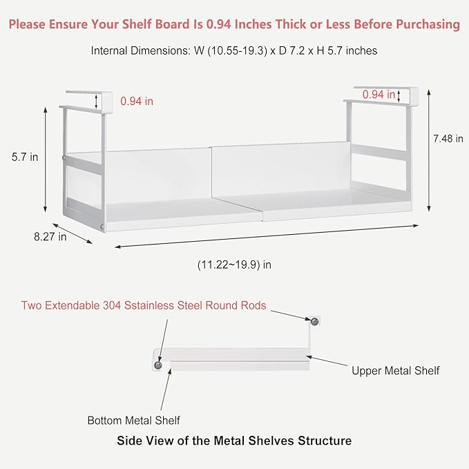 Expandable Under Cabinet Shelf Organizer with 0.94-Inch Thick Clips, Heavy Duty Extendable Under Shelf Storage Basket for Pantry or Laundry Room, White, 1 Pack, Interior: 5.7" H x 7.2" D