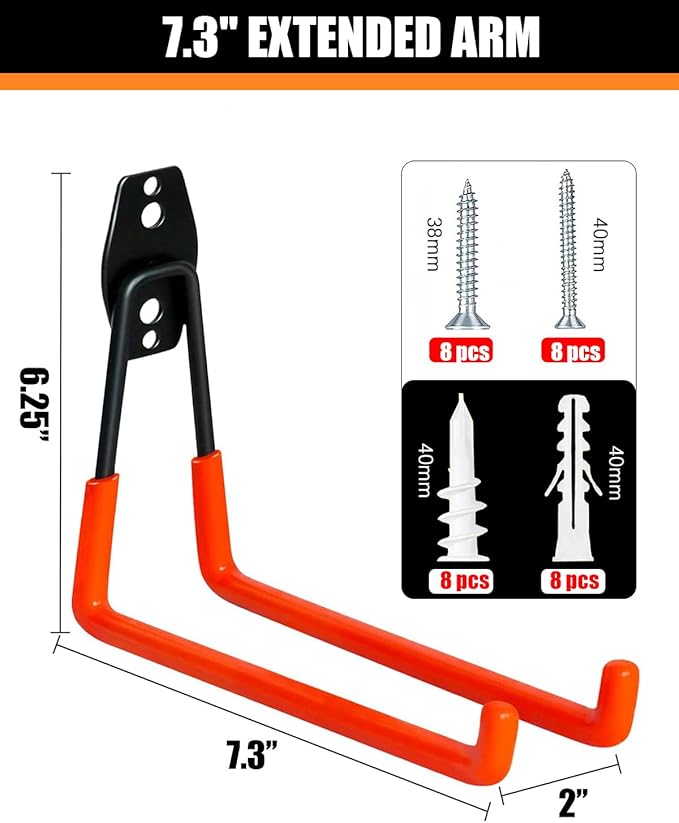 WMK 7.3'' Garage Hooks Heavy Duty Wall Hook, 4 Pack Garage Storage Hook, Wall Mount Utility Garage Hooks for Hanging Tools Bike Ladder (Orange)