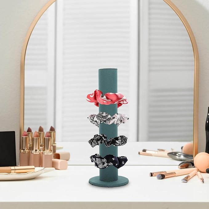 Velvet Vertical Tower Scrunchie Holder Stand Hair Tie Organizer Headband Storage Rack for Jewelry Watches Green Design for Bedroom and Store Display