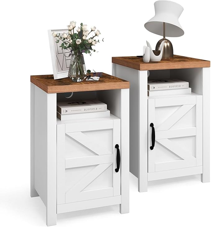 Farmhouse Nightstand with Charging Station, Couch Side Table Set of 2, Bedside Table with Storage Space, End Tables with Barn Door, Bed Side Tables for Living Room and Bedroom, White