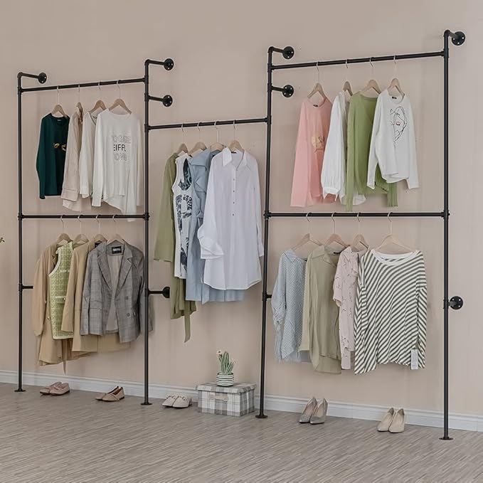 Industrial Pipe Clothes Rack, Heavy Duty Detachable Wall Mounted Black Iron Garment Bar, Clothing Store Display Stands Garment Rack Closet System (125.5 x 93.7inch)