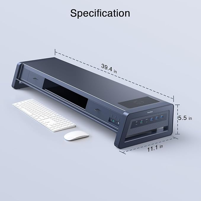 Vaydeer All-in-One Dual Monitor Stand Riser with 2 Drawers, 8USB Ports and Wireless Charging Pad with LED Light Strip for 2 Monitors , Desk Organizer for PC, iMac (Metal, 39.3 inches)-White