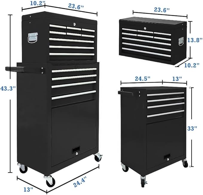 13-Drawer Rolling Tool Chest,Tool box with Wheels, Tool Cabinets with Drawers, Top Detachable Tool Chest with Hooks Handles for Workshop Mechanical Garage - Black