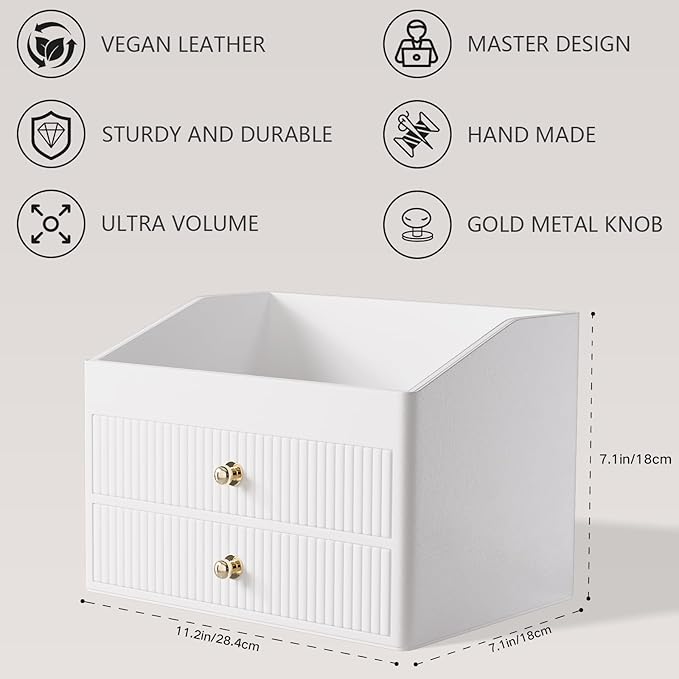 Makeup Organizer Countertop,Leather Makeup Storage with 2 Drawers,Large Capacity Beige White Make up Organizers for Counter,Bedroom,Bathroom,Birthday Gifts for Women