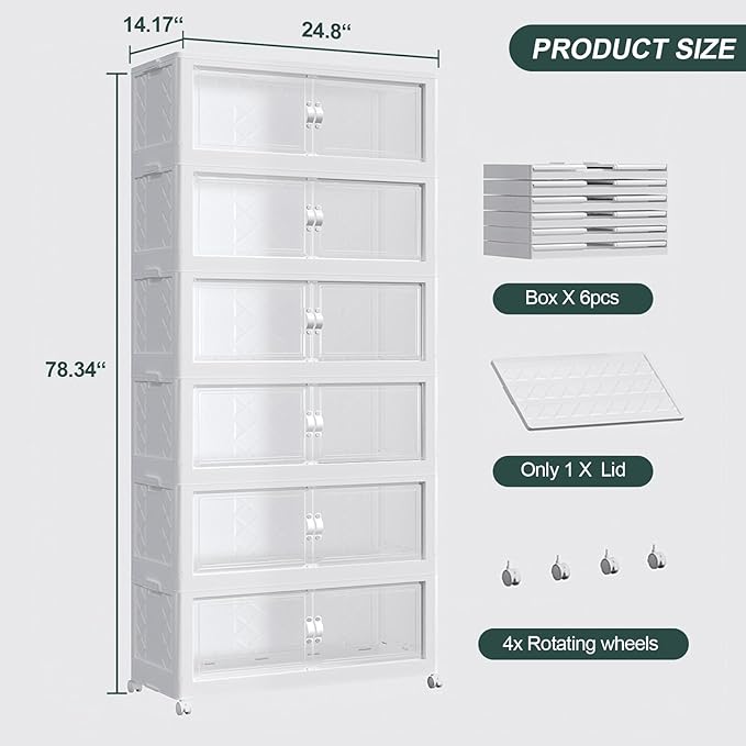 720QT Extra Large Stackable Storage Bins with Lid, 180Gal Collapsible Closet Organizer Box with Wheels, Folding Plastic Storage Cabinet with Doors for Home Kitchen Office Dorm, 6Pack White