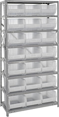 Quantum Storage Systems QSBU-255CL Giant Open Hopper Steel Shelving System, 18" D x 36" W x 75" H, with 8 Shelves and 21 QUS255 Bins, Clear