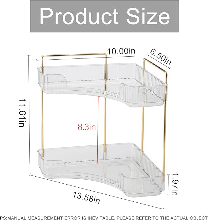 Corner Bathroom Countertop Organizer, Vanity Trays for Counter, Makeup Organizers, Perfume Tray, Kitchen Spice Rack, (Clear, 2 Tiers)