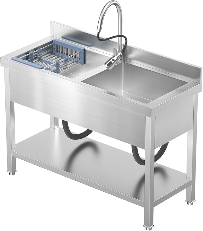 Stainless Steel Utility Sink Commercial Stainless Steel Double Bowl Utility Sink with Faucet, Drainboard & Lower Shelf - Heavy Duty Kitchen Prep & Cleaning Station for Restaurant, Garage, Laundry Room