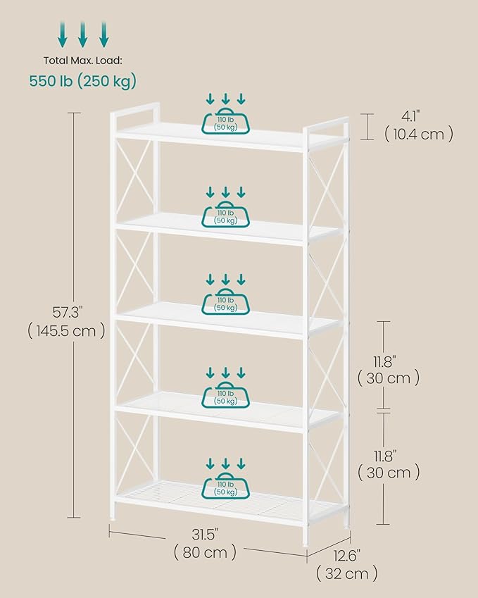 SONGMICS 5-Tier Metal Storage Rack, Shelving Unit with X Side Frames, Dense Mesh, 12.6 x 31.5 x 57.3 Inches, for Entryway, Kitchen, Living Room, Bathroom, Industrial Style, Cloud White UBSC185W01
