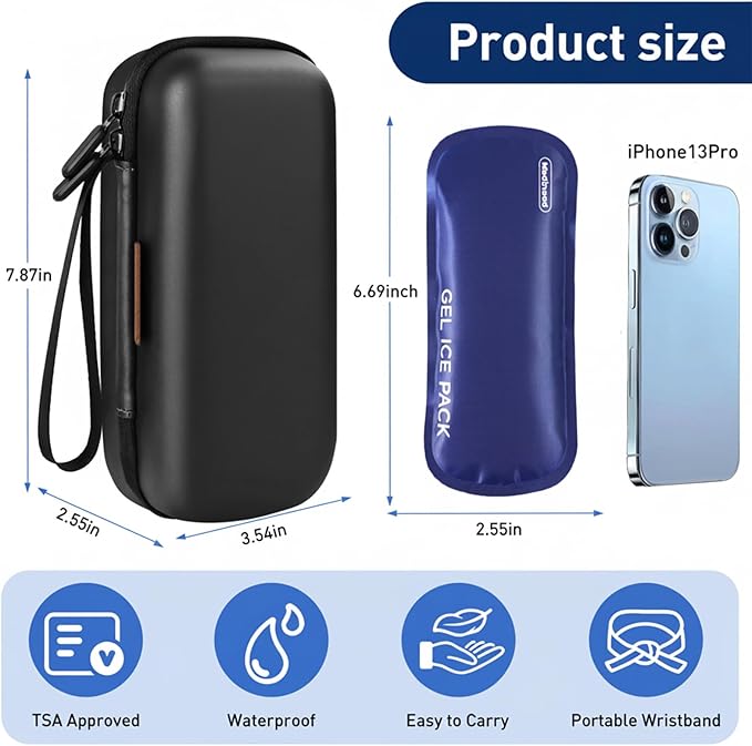 Insulin Cooler Travel Case, Portable Temperature Display Medicine Travel Cooler, Diabetes Case with 2 Reusable Ice Packs TSA Approved for Diabetic Supplies Patent Pending(Black-No Temp)