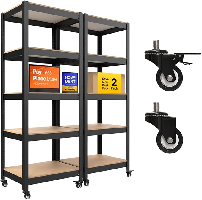 HOMEDANT House 5-Tier Metal Rolling Cart Shelf Rack Casters Heavy Duty Laminated Wheel Shelving Unit Adjustable Utility Storage Shelves Organizer Shelf Kitchen Garage 24.4" W x 16.5" D x 62.2" H 2Pack