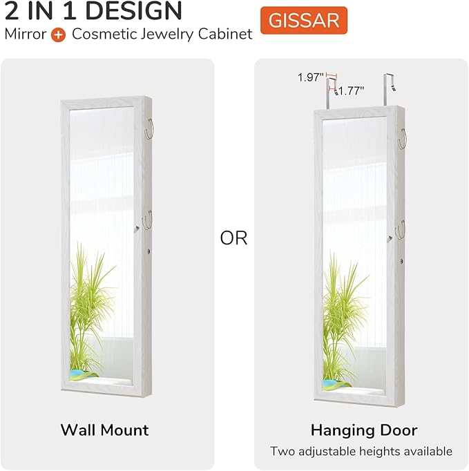 GISSAR Jewelry Mirror Armoire Wall Mount Over The Door Cabinet Storage Organizer Lockable Full Length Door Mirror(White)