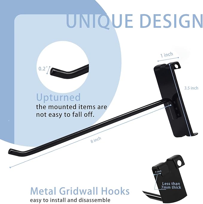 Gridwall Hooks 8 Inch,50PC Display Hooks for Grid Wall, Heavy Duty Gridwall Hook for Grid Wall Panel, Gridwall Peg Hook,Black