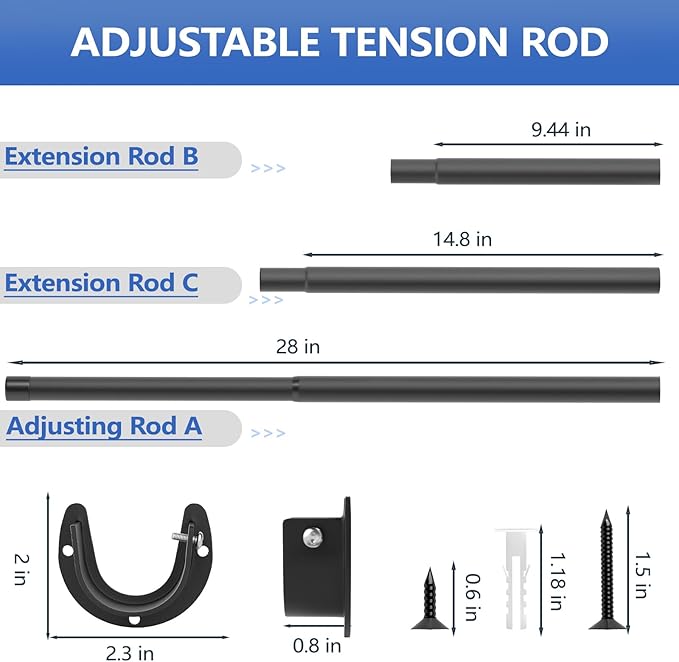 Closet Rods for Hanging Clothes, 17 to 53 Inch Closet Rod, Heavy Duty Adjustable Clothes Hanging Bar Rod Matte Black Closet Poles for Wardrobes, Closet, Bathroom, Windows,1.3 Inch Diameter