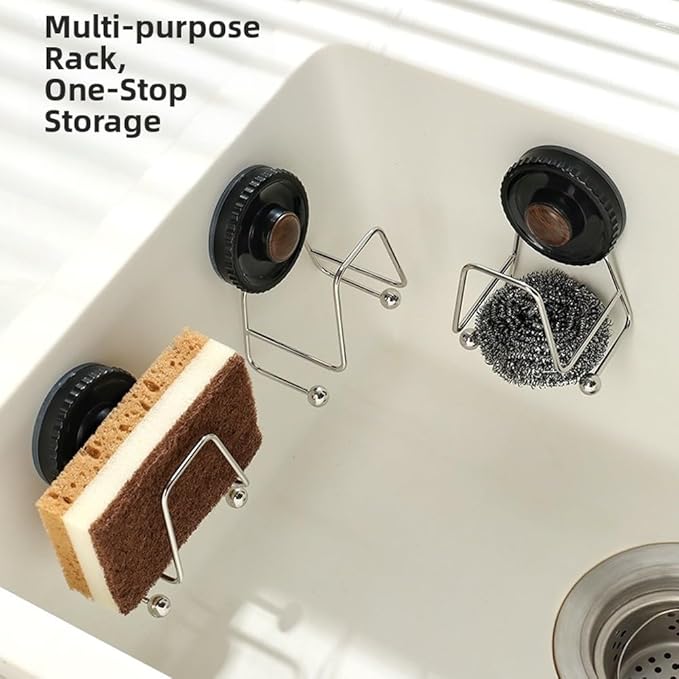 Kitchen Sink Organizer With Stainless Steel Suction Cup Sponge Holder For Wall Mounted Cleaning Tool Storage