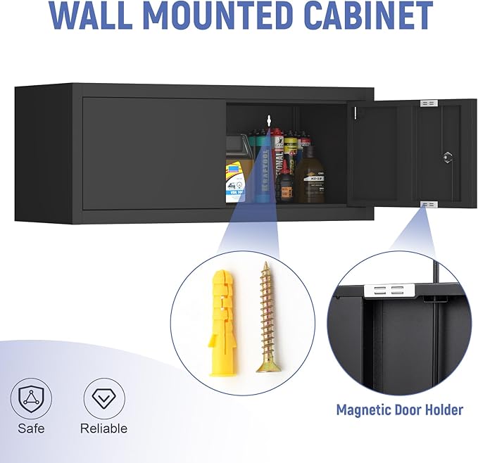 Garage Locking Cabinet, 13” H Garage Storage Cabinet Wall Mounted, Floating Storage Organization for RV, Hanging Tool Storage Cabinets for School, Office, Warehouse, Black