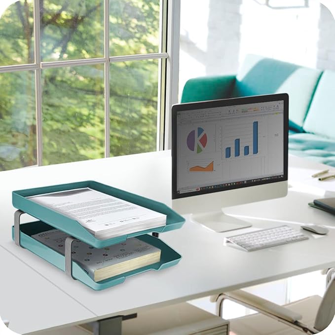 Acrimet Traditional 2 Tier Letter Tray, Front Load Design, A4 Letter Size, Desktop Organizer (Plastic) (Solid Green Color)