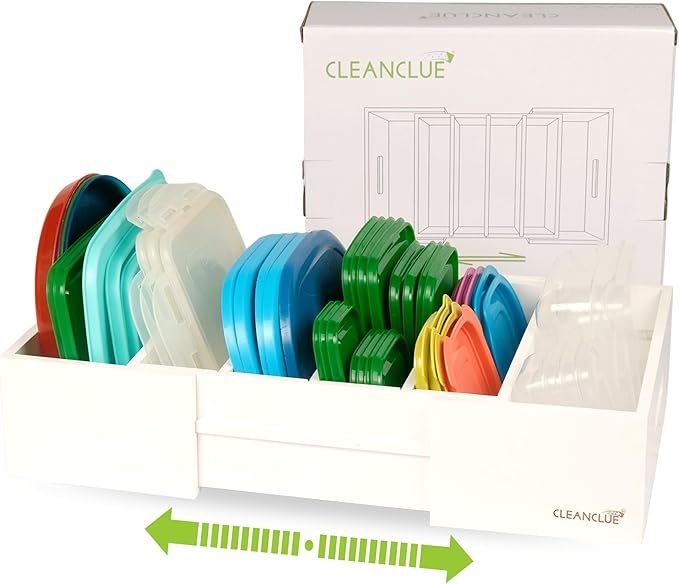 Expandable Kitchen Cabinet Organizer for Food Storage Container Lids, Bamboo Drawer Caddy Adjustable Dividers, Box for Kitchen Storage and Organization, Lids Organizer for Cabinet (White)