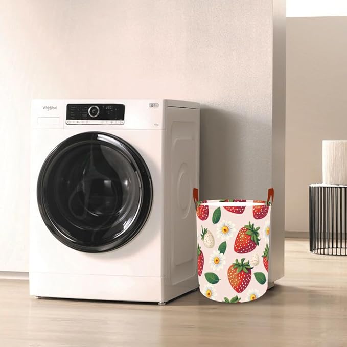Laundry Baskets 15.7x19.7 Inch Large Strawberry Daisy Design Collapsible Laundry Hamper with Handles Oxford Fabric Clothes Storage Bin Foldable Dirty Clothes Organizer for Bedroom Bathroom Dorm