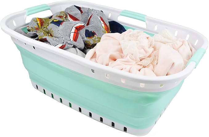 SAMMART 44L (11.62 gallon) Collapsible Plastic Laundry Basket - Foldable Pop Up Storage Container/Organizer - Portable Washing Tub - Space Saving Hamper/Basket (1, White/Light Green)