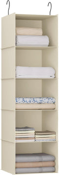 Hanging Closet Organizer, Easy Mount Foldable 5-Shelf Hanging Closet Wardrobe Storage Shelves, Clothes Handbag Shoes Accessories Storage, Washable Oxford Cloth Fabric, Beige