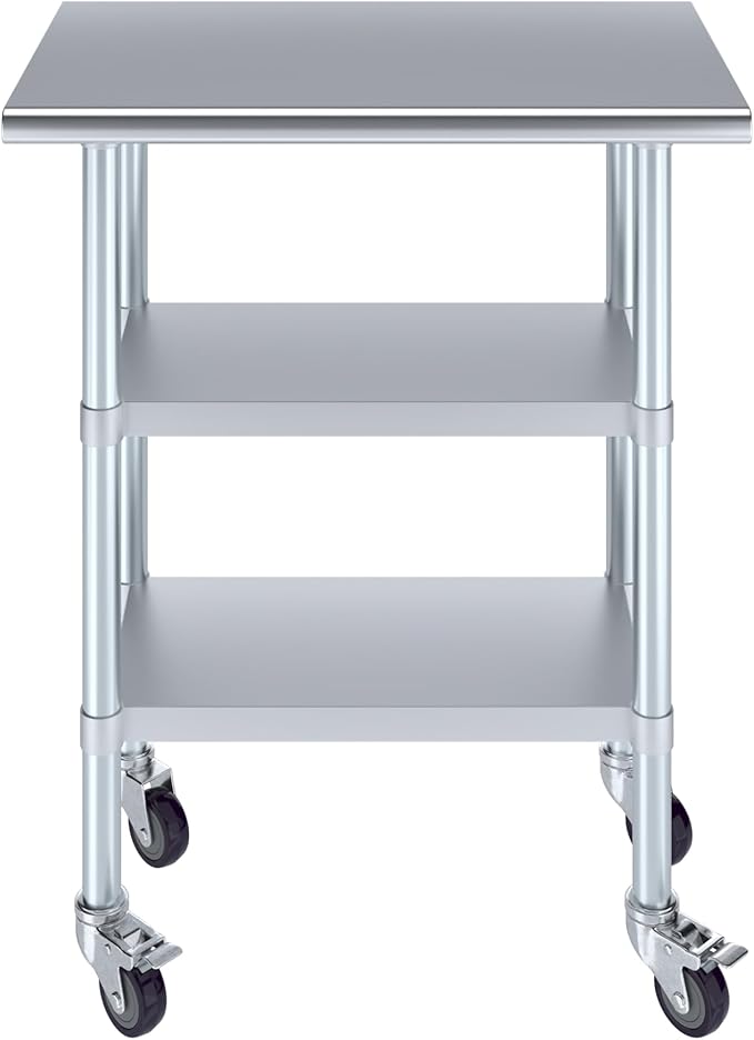 AmGood Stainless Steel Work Table with 2 Shelves and Casters | Metal Utility Table On Wheels (Stainless Steel Work Table with 2 Shelves + Casters, 30" Long x 18" Deep)