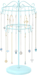 iDavosic.ly 2 Tier Rotating Necklace Holder Organizer with 42 Hooks, Adjustable Metal Bracelet Display Stand Rack, Extra Tall Keychain Spinning Tree Tower for Women, Blue