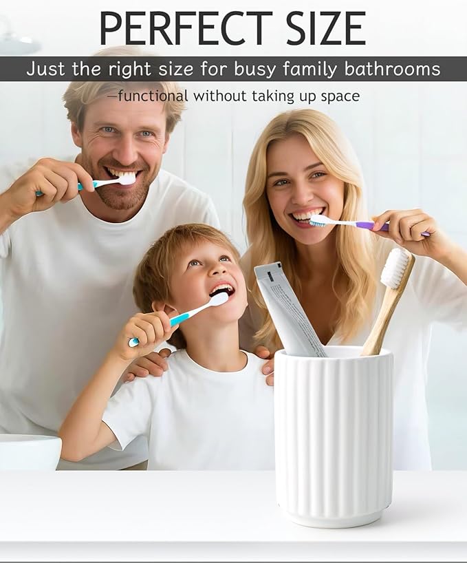 Toothbrush Holder, Tooth Brush Holder for Bathroom - Ceramic Toothbrush Cup Toothbrush Holders Countertop, Stripe Design Makeup Brush Holder Pen Holder, ANTIS'S HOME (White)